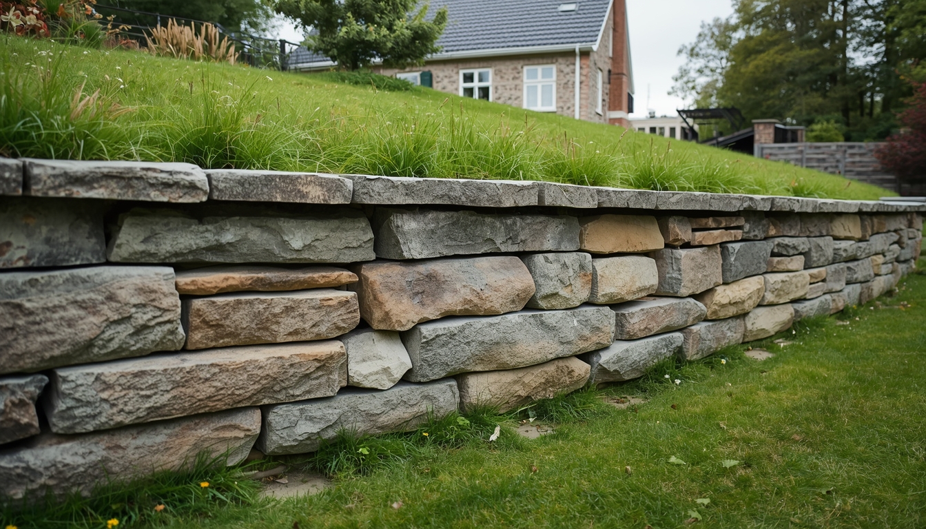 Støttemur af natursten i varierende størrelser og grå-beige nuancer, der holder en græsklædt skråning i en villahave.
